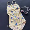 Traje de baño de una pieza con estampado de mariposas de colores, femenino y conservador, traje de baño amarillo para piscina