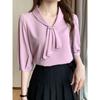 Camisa de gasa con lazo de manga corta para mujer, camisa con sentido del diseño 2025 verano nuevo sentido colgante top profesional rosa