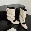 Botas Quadradas franzidas estilo coreano First Encounter para Mulheres, Aumentadoras de Altura, Meio da Panturrilha com Fivela, Botas da Moda Frescas para Uso em Duas Vias no Verão