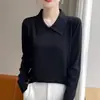 Camisa base de tricô com gola polo para outono e inverno para mulheres, suéter pullover casual folgado de manga comprida com um design estiloso