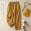 Foto Real de Pantalones Lisos Estilo Vintage Verano 2026 con Dobladillo Cortado Parcheados Harem Zanahoria, Pantalones Casuales Cortos de Algodón y Lino para Mujer