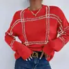 Suéteres de Mujer de Punto de Otoño e Invierno Nuevos Transfronterizos Europeos y Americanos Amazon Versátil a Cuadros Bloque de Color Cuello Redondo Pulóver Tejidos para Mujer