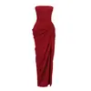 Em Estoque Vestido de Verão Feminino Luxo Leve Toque de Alta Qualidade Retrô Sem Alças Cintura Franzida Fenda Alta Vestido Longo