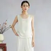 Chaleco de Jacquard de Satén de Seda con Encaje Retorcido para Mujer, 100% Seda de Morera, Cuello Redondo, Sin Mangas, Blusa de Primavera