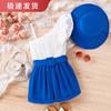 Ropa para Niños Baoxin Transfronteriza Nuevo Verano Conjunto de Tops con Tirantes de Hombro Asimétrico para Niñas Pequeñas y Medianas + Pantalones Cortos con Cinturón + Sombrero