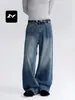 Calça Jeans Reta Fengmei Estilo Retro Americano Dream Core Azul para Homens e Mulheres Lavada Emagrecedora Tendência Solta Versátil Perna Larga Casual