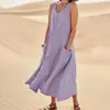 Estación Independiente de Amazon Verano Europeo y Americano Comercio Exterior 19 Colores Bolsillo Sin Mangas Cuello Redondo Vestido de Algodón y Lino para Mujer en stock