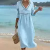 Novo Vestido de Verão para Moda Feminina Europeia e Americana Transfronteiriça: Vestido Longo Casual, Confortável, Soltinho, Gola V, Cor Sólida, Patchwork