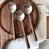 Cabo de Madeira Nogueira Imitação Colher Redonda Aço Inoxidável Doméstico de Alto Valor Pequena Colher Redonda Colher para Sobremesa Ocidental Colher de Comer Colher de Sopa Grande