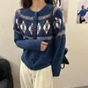 Cárdigan Jacquard Fair Isle Azul Retro Primavera y Otoño para Mujer Estilo Perezoso Retro Suéter de Punto con Cuello Redondo