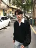 Sudadera de punto coreana de dos piezas falsas con cuello de camisa a rayas, otoño, corte boxy, corta, ancha, estilo preppy