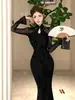 Nuevo Vestido Cheongsam Mejorado Estilo Chino con Parches de Malla Negra para Mujer, Otoño Sexy Ajustado Bodycon Largo Vestido Cheongsam