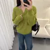 Suéter de Punto Holgado Estilo Coreano Simple Versátil Cuello en V Base Verde Nuevo para Mujer Otoño e Invierno 2025