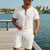 Novo conjunto de shorts de verão masculino Amazon transfronteiriço com malha waffle, lapela, bloco de cores, bolso, botões e manga curta