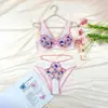 Conjunto de lencería floral de encaje rosa y blanco, dulce y sensual estilo francés, malla semitransparente transpirable con bragas de atar cruzadas 8737