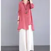 Camisa Casual Artística de Color Sólido de Algodón y Lino de Manga Larga Irregular de Longitud Media de Gran Tamaño Holgada de Primavera y Otoño del Sudeste Asiático