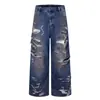 Calça Jeans Masculina Jiayiku 2025 Outono Estilo Deserto High Street Americana Estilo Ro Lavagem Pesada Rasgada Comprimento Total