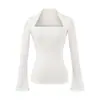 Chaleco de Cuello Cuadrado Camiseta Falsa de Dos Piezas de Manga Larga Otoño Nuevo Estilo Versátil Adelgazante Sexy Top Básico para Mujer