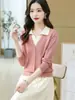 Suéter de Punto con Cuello Polo Falso de Dos Piezas para Mujer, Nuevo Estilo Otoño e Invierno, Bloques de Color, Gama Alta, Cálido, Estilo Coreano, Top de Capa Base Corto