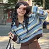 Polo Rayado Retro Americano Tejido de Punto para Mujer Otoño e Invierno Tejido de Punto Nicho Chic Único Top Corto
