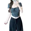 Camiseta de Tirantes de Manga Corta con Rayas Estilo Coreano para Mujer, Verano, Ajustada, Corta