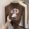 Camiseta básica de cuello alto a media altura para niña de dibujos animados, nuevo estilo primavera/otoño/invierno, top de manga larga con forro polar para niños de talla mediana y grande