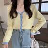 Cárdigan de Punto Fino de Color Contrastante Estilo Transfronterizo de Manga Larga para Mujer Otoño Nuevo Estilo Coreano Versátil Ropa Exterior Dulce Top Corto