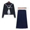 Conjunto auténtico de uniforme de marinero estilo japonés para mujer, que incluye un top de manga larga con cuello azul marino oscuro y una falda plisada, un atuendo de tres piezas