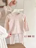8003 Conjunto de Pijama para Niña 26 Principios de Otoño Nuevo Tejido de Punto Elástico Top y Pantalones de Bebé Niña Otoño Estilo Coreano Floral Cálido