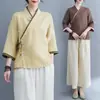 Traje Tang de Cor Sólida Feminino Hanfu Versão Melhorada Conjunto de Roupa para Cerimônia do Chá de Verão Roupas Femininas Estilo Budista Roupas de Meditação Significado Zen Novo Estilo Chinês