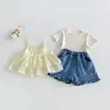 Conjunto de Duas Peças Casual Bebê Dianxi Listrado com Laço e Suspensório Shorts Jeans de Verão com Babado