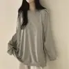 Camiseta Simple de Color Sólido de Manga Larga Estilo Coreano Perezoso para Mujer en Primavera y Otoño, Tacto de Alta Gama, Ajuste Holgado, Top Básico de Algodón Puro