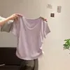 Camiseta Plisada con Cuello en U para Mujer, Nuevo Estilo Verano 2025, Color Caramelo, Corte Ajustado, Manga Corta, Top Elástico de Capa Base