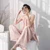 Pijama de Algodón y Seda para Mujer, Estilo Veraniego de Alta Gama, Conjunto de Camisola y Pantalones Largos, Ropa de Casa Delgada de Algodón Artificial para Primavera y Otoño, Se Puede Usar Afuera
