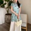 Novo Estilo Chinês Estilo Nacional Gola Alta Botão de Placa Estampado Comprimento Médio Versão Melhorada do Top Cheongsam Verão Solto e Versátil Luxo Leve