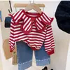 Conjunto de Menina Primavera/Outono 2026 Transfronteiriço: Conjunto de Duas Peças: Moletom de Manga Longa com Gola Listrada + Calça Jeans com Miçangas