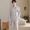 Conjunto de pijama de manga comprida e perna comprida, nova coleção de outono, unissex, estilo para casais, design com abertura frontal, casual, roupa de ficar em casa 100% algodão, conjunto de duas peças