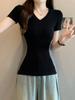 Camiseta de Manga Corta con Bloques de Color y Cuello en V Estilo Americano Picante para Mujer, Verano, Ceñida a la Cintura, Hombro Normal, Ajustada, Delgado, Top Interior