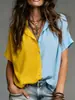 Camisa de Manga Curta Color Block Estilo Europeu e Americano Nova para Verão 2025 para Mulheres, Top Casual Soltinho com Lapela, Tendência de Moda Transfronteiriça