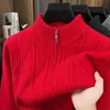 Suéter grueso de punto para hombres de mediana edad, moderno, con media cremallera y cuello alto, camisa base cálida de punto jacquard para invierno, venta al por mayor