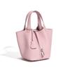 Bolso Cesta de Cuero Genuino para Mujer con Hebilla Plateada 2026 Nuevo Bolso de Mano de Moda Bolso Cubo con Patrón de Lichi Bolso de Dama