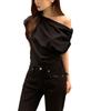 Corea del Sur Top Chic Verano Nuevo Nicho Irregular Hombro Caído Sentido del Diseño Holgado Color Sólido Jersey Camiseta de Manga Corta