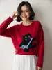 Suéter de Cachemira para Gatito 2026 Otoño e Invierno Nuevo Estilo para Mujer Cuello Redondo Bordado Suéter Base Elegante Holgado Adelgazante