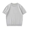 Camiseta de punto para hombre Muqiu estilo americano con cuello redondo, manga corta y patrón de canalé vertical retorcido
