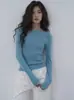 Top de punto EIGHT MONTH azul ajustado para mujer, de manga larga, cuello redondo, adelgazante, capa interior, capa base, top