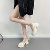 Zapatos Planos de Tacón Grueso para Mujer 2024 Primavera Nuevos Perla Dama de Honor Blancos Zapatos de Tacón Alto Mary Jane Zapatos Pequeños de Cuero Que No Cansan los Pies