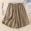 Foto Real de las Novedades de Verano: Pantalones Cortos de Pierna Ancha Cómodos de Algodón y Lino, de Corte Holgado, Adelgazantes y Versátiles, con Cintura de Cordón para Mujer