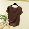 Camiseta base de manga corta para mujer, color liso, con volantes, holgada, sin costuras, talla grande, cuello redondo