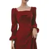 Vestido Burdeos Tostado Novia Petite Vestido de Noche de Alta Gama Boda Cuadrado Largo Vestido de Agradecimiento Reunión Anual