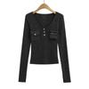 Estilo Americano Spice Girl Vintage Costura Base Top Bolso Interno Feminino Acabamento Requintado Slim-fit Manga Longa Suéter Slim-fit